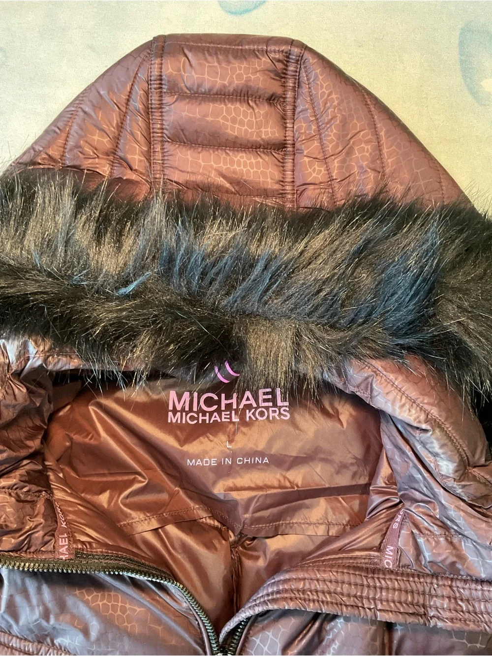 Michael Kors Quilted Hooded Vest in Deep Burgundy with Fur Trim